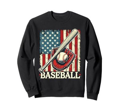 Baseball USA Bandiera Mazza Palla Guanto Catcher Brocca Giocatore Fan Felpa