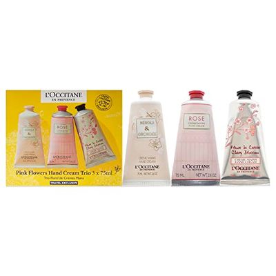 LOccitane Pink Flowers Hand Cream Trio For Unisex 3 x 2.6 oz Neroli and Orchidee Hand Cream, Rose Hand Cream, Cherry Blossom Hand Cream