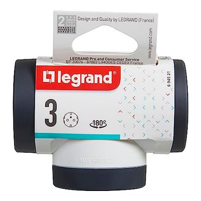 Bticino Legrand LG-694521 Multi Adattatore Presa Tripla, 3 Prese Schuko Standard Tedesco, Spina Grande 16A Rotante 180°, Presa multipla su 3 Lati, Salvaspazio, Finitura Opaca, Colore Bianco e Grigio