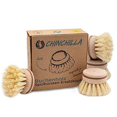 Chinchilla® Set di 4 testine per spazzolini in legno sostituibili | Testina di ricambio con setole in fibra naturale (vegana) | Testine per spazzolini universali | Cucina sostenibile e rifiuti zero