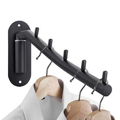 SUMNACON Stainless Steel Clothes Hanger Rack-Wall Mount Garment Hook with Swing Arm, Sturdy Coat Robe Storage Organizer for Laundry Room Bedrooms Clothing Drying Rack with 5 Hooks, Black