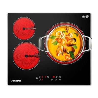 AMZCHEF Vitrocerámica 3 fuegos 5400W,Placa vitrocerámica empotrable de 60cm con 9 niveles,Zona de potencia máxima 2400W,Apagado automático,Temporizador,Bloqueo de seguridad,Negro
