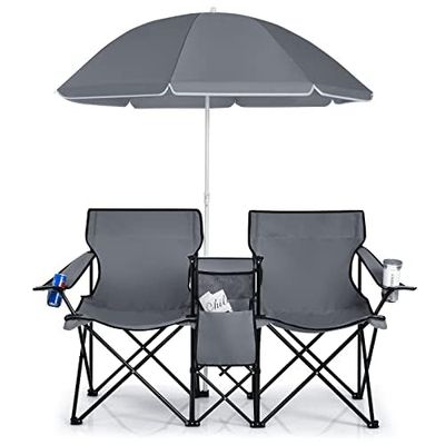 Chaise de camping pliable 2 places avec parasol, sac isotherme, porte-gobelet et poche latérale, chaise de pêche pliable avec sac de transport, chaise pliante pour camping, pêche, pique-nique (gris)