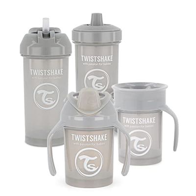 Twistshake Baby Sippy Cup Set - 4 Pieces | 1 x 360 Cup - 1 x Mini Cup - 1 x Straw Cup - 1 x Kid Cup | Baby Drinking Cup | Leak-Proof Baby Water Bottles | BPA-Free Leak-proof Cup | 4+ Months | Grey