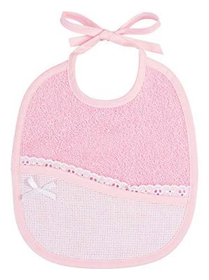 Filet - Babero ovalado de suave tejido de rizo de algodón, con bolsillo de tela Aida para bordar y detalles de encaje bordado inglés, color rosa