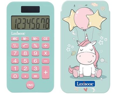 Lexibook, Enhörning, Fickräknare med Skyddslock, Klassiska och Avancerade Funktioner, Batteri- och Solcellsdriven, Blå och Rosa, C45UNI
