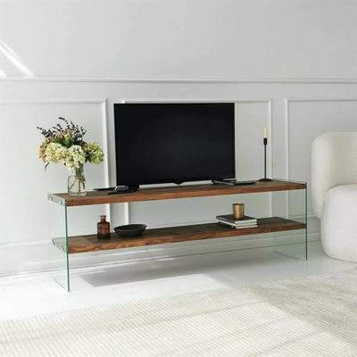 Dmora Mobile Porta TV Vindemiatrix, Credenza da Soggiorno, Armadio Basso per TV, Base Parete attrezzata, 140x35 h45 cm, Marrone e Trasparente