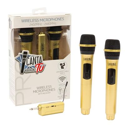 Canta Tu Karaoke, Coppia di Microfoni Wireless PRO 2023, Microfono Karaoke con Ricevitore, Frequenza 2402MHz-2480MHz, Compatibile con Canta Tu 2022 e Canta Tu PRO 2023, Ideali per Duetti, Oro