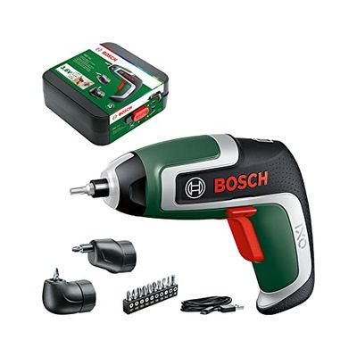 Bosch Home and Garden Avvitatore a batteria IXO (7a generazione; 3,6 V, 2,0 Ah, 5,5 Nm, set con attacco angolare ed eccentrico; cavo micro USB, vite fino 190 viti, in scatola portaoggetto)