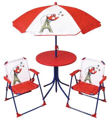 FUN HOUSE 713592 Jeux Olympiques Paris 2024 Salon DE Jardin JO pour Enfant avec Une Table H.46 X Ø46 CM, Deux CHAISES H.53 X L.38,5 X P.37,5 CM ET Un Parasol H.125 X Ø 100 CM