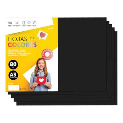 Folios De Colores A3 80g Para Impresoras y Manualidades, Papel Surtido Para Niños, Paquete Folios Colores Para Tarjetas, Escuela y Proyectos Creativos · m-office (50h, Negro)