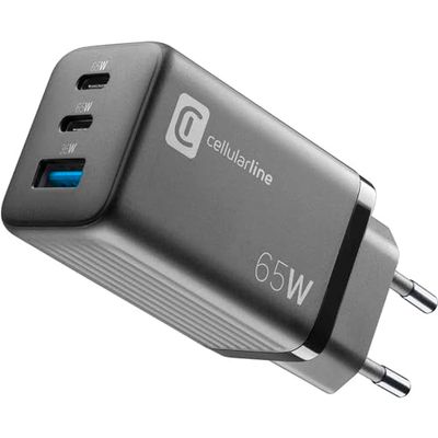 Cellularline | Caricabatterie da Rete Multipower Micro | Super Fast Charger 65W con 3 Porte USB-C - Dotato di Tecnologia Gan - Compatibile con Smartphone, iPhone, Tablet, iPad, Laptop e MacBook