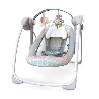 Bright Starts Columpio Automático Portátil de 6 Velocidades con Velocidad Adaptable, Taggies, Música, Barra de Juguetes Extraíble, 0-9 Meses 6-20 lbs (Whimsical Wild)