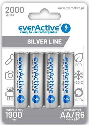 everActive Batteria AA 2000 mAh, 4 pezzi, NI-MH, Mignon R6, ricaricabile, precaricata, Silver Line 1,2 V, 1 blister, argento, EHRL6-2000