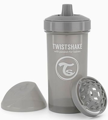 TWISTSHAKE Kid Cup Vaso de Aprendizaje para Beber con Antiderrame Boquilla y Mezclador de Frutas 360 ml, Taza de Entrenamiento para Sorber para Bebé, Sin BPA, 12+ Meses, Gris Pastel