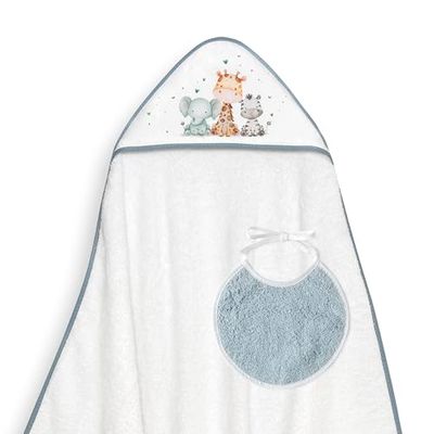 Interbaby - Capa de Baño Bebe Blanco/Petroleo + Babero | Toalla Bebe con Capucha Algodón, 100x100cm, Unisex | Suave, Ideal Recién Nacidos, Bebes y Niños Pequeños | Diseño Jirafa Elefante Estampado