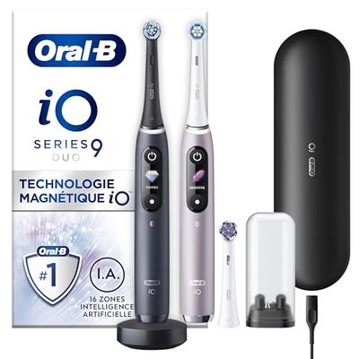 Oral-B iO 9 Brosses À Dents Électriques Rechargeables, Manche Noire et Rose connectés Bluetooth Avec Technologie Magnétique Révolutionnaire, 3 Brossettes, 1 Étui De Voyage