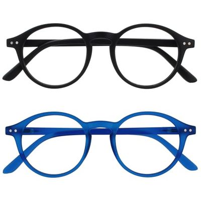 OPULIZE REY Reading Glasses - 2-Pack - Retro Round Frame - Matt Black, Blue - Mens Womens - Spring Hinges - RR56-13 - +3.00