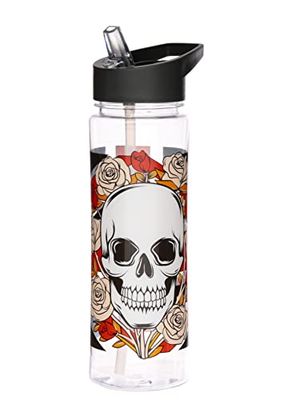 Puckator Skulls and Roses - Kids Drinks Bottle With Flip Straw - Reusable Water Bottle For Girls And Boys With A Carry Handle - Bpa Free - For School Nursery - Union Jack Skull Design - Pp 550ml