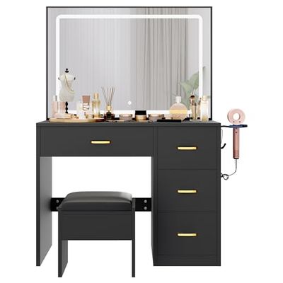 YITAHOME Tocador con Espejo, Mesa cosmética con 4 cajones, iluminación, Enchufe, Color Negro (Mesa de Maquillaje, tocador, Mesa de cosméticos, Mesa de vanidad)
