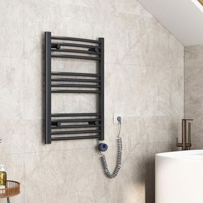 EMKE Badkamerradiator, elektrisch, 75 x 50 cm, gebogen handdoekradiator, elektrisch met thermostaat, handdoekdroger, handdoekwarmer met timer, antraciet, 300 W