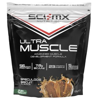 SCI-MX Ultra Muscle - Protein Powder for Muscle Development + 23 Vitamins & Minerals - Speculoos Biscuit • 56g Protein + 5g Creatine + 7.8g BCAAs per Serving • 1.5kg