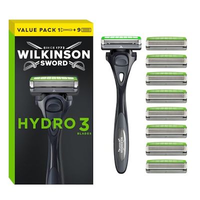 Wilkinson Sword Hydro 3 Men’s Razor, Great Addition to Wash Bags for Men's Grooming, Great Shavers for Routine Shaving, 1 Reusable Handle plus 9 Blades Refills Pack