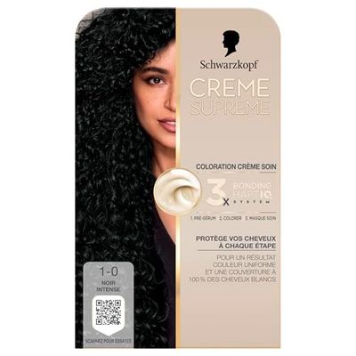 Schwarzkopf - Coloration Permanente - Creme Supreme - Resultat Couleur Uniforme - Coloration Creme Soin - Pre-serum - Coloration - Masque Soin - Couverture 100% Cheveux Blancs - 1-0 - Noir Intense