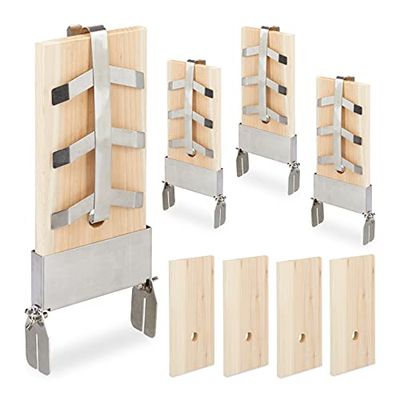 Relaxdays rookplank bbq zalm, set van 4, HxB: 33 x 16 cm, zalmplank, dennenhout, met klemmen en houder, natuur