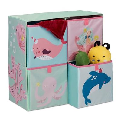 Relaxdays Children's Shelf with 4 Boxes, HxWxD: 59,5x60,5x30 cm, Storage for Nursery, Toy Cabinet, Multicoloured, Fibreboard, 59.5 x 60.5 x 30 cm