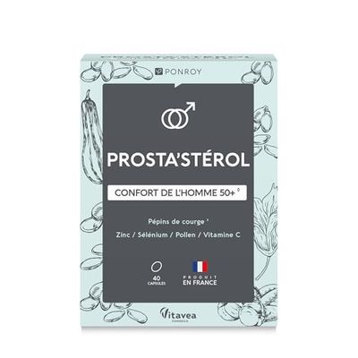 Yves Ponroy Prosta'Sterol - Complément Alimentaire Prostate Pour Homme - Huile de Pépins de Courge, Acérola, Pollen, Vitamine C, Sélénium, Zinc - 40 Capsules - 20 Jours - Fabriqué en France