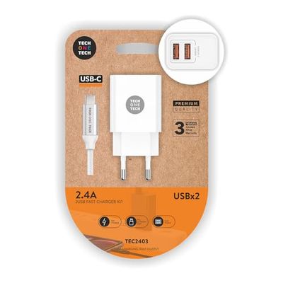 Witte dubbele oplader + nylon kabel, USB-C 2,4 A