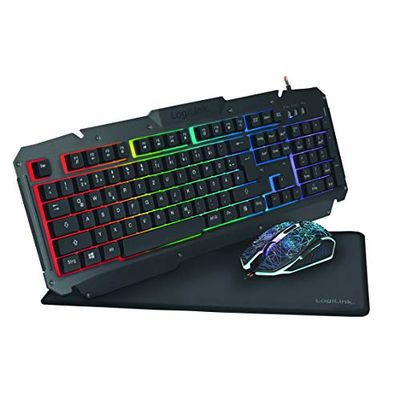 LogiLink Set da gioco ID0185: mouse (800-2400 dpi illuminata) e tastiera con splendida superficie in metallo + retroilluminazione a LED arcobaleno e tappetino per mouse da gioco (35 x 25 cm)