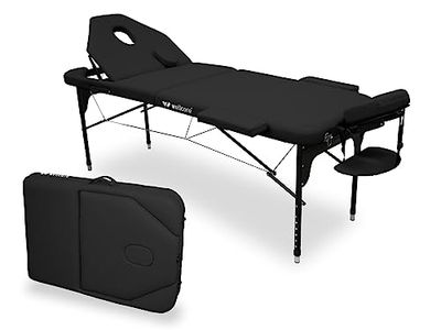 WELLCORE Aluminium Opklapbare Bank, met Opklapbare Rugleuning, 185 x 65 cm, Kunstleer, In Hoogte Verstelbaar, Knik-hoofdsteun, Gezichtsgat, Kleur Zwart, Draagtas, Tot 225 kg