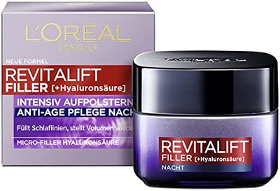 L'Oréal Paris Hyaluron nattkräm, anti-aging ansiktsvård med mikrofyllmedel hyaluronsyra för fukt och anti-rynk effekt, vitaliftfyllmedel, 1 x 50 ml