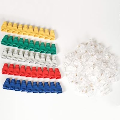 FANTON 99920P-B50 Kit bestaande uit 50 RJ45 UTP stekker cat. 5E doorgang + 50 plugdoppen in gemengde kleuren (grijs - groen - rood - geel - blauw)
