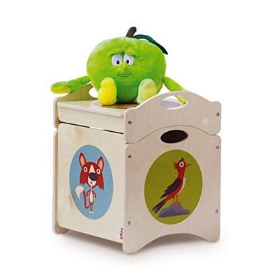 Dida - I Troncotti, Pouf Contenitore Portagiochi e Seduta per Bambini, Cubo in Legno con Ruote e Coperchio Sovrapponibili, Motivi Animali del Bosco: Volpi, Picchio e Talpa, Ideale per Camerette