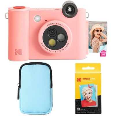 KODAK Smile+ 2-in-1 Fotocamera & Stampante Foto Bluetooth - Pacchetto Iniziale + Custodia Deluxe + Carta Zink 20pz - 10MP - Rosa