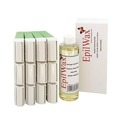 EPILWAX - Kit di rifornimento con: 12 cartucce Roll-on con Aloe Vera, 1 confezione di 100 strisce non tessute per la depilazione e 1 bottiglia di olio neutro dopo la depilazione da 250 ml