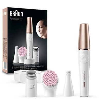 Braun FaceSpa Pro SE912 Épilateur Visage Beauté Tout-en-Un, Brosse Nettoyante Peaux Sensibles et Tête Raffermissante, Blanc/Bronze