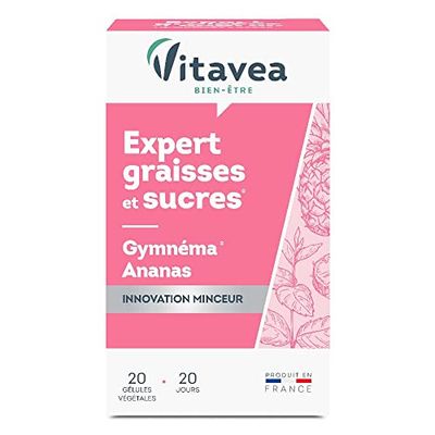VITAVEA BIEN-ETRE - Expert Graisses et Sucres - Complément Alimentaire Capteur Graisses et Sucres - Minceur, Perte de Poids - Gymnéma et Ananas - 20 gélules - Cure de 20 jours - Fabriqué en France
