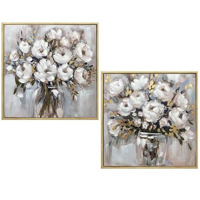 DRW Cuadro con Flores de Madera con Marco Pintado a Mano en Blanco y Verde 80x3.5x80cm