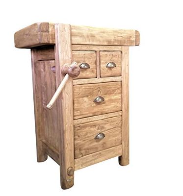 Biscottini Table de Travail Country en Bois Massif de Tilleul Finition Naturelle vieillie L 64 x P 57 x H 82 cm Made in Italy, Reproduction fidèle d'un Ancien et Original Banc de Menuisier
