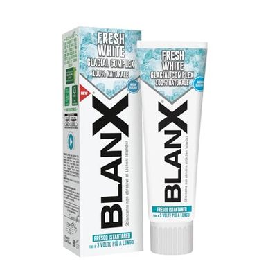 BlanX Dentifricio Fresh White 75ml, Dentifricio Sbiancante, con Licheni Islandici e Glacial Complex 100% Naturali, Aroma Glaciale, Vegan Friendly, Pulizia Approfondita e Freschezza a Lungo