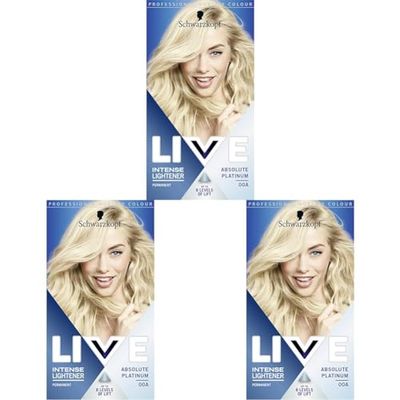 Schwarzkopf LIVE Intense Lightener, Permanent Blonde Bleach Hair Dye, With Brigtening Oil Booster, Lifts Hair Up To 8 Levels - Absolute Platinum 00A (Pack of 3)