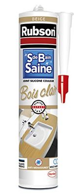 Rubson Mastic Salle de bain Saine Couleur "Bois Clair" Beige, Joint silicone multi-matériaux renforcé en antifongiques, mastic sanitaire coloré, souple & étanche, 280 ml