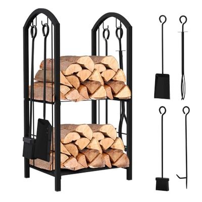 VOUNOT® Porte Bûches de Cheminée avec 4 Outils Grande et 2 Étagères en Métal Grande Capacité Support de Stockage de Bois Intérieur Extérieur Range Bûches Multi Accessoires 75 * 38 * 38cm Noir