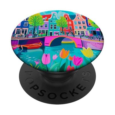 Arte colorido de viaje de tulipanes y puente del canal de Ámsterdam PopSockets PopGrip Adhesivo