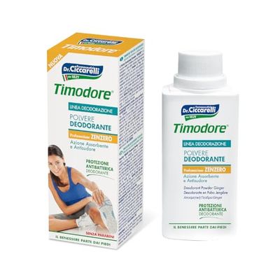 Timodore, Polvo Desodorante de Jengibre, Solución Perfecta para la Sudoración Excesiva y el Mal Olor de los Pies, 100% Made in Italy, Dermatológicamente Testado, 75 gr