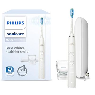 Philips Sonicare DiamondClean 9000 spazzolino elettrico, spazzolino sonico con app, sensore di pressione, 4 modalità di spazzolamento, 3 livelli di intensità, bicchiere di ricarica e custodia da viaggio con porta USB, Bianco, modello HX9911/27